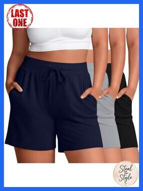 Plus Size Bermuda Shorts for Women 3 Pack High Waist Drawstring Pockets Casual